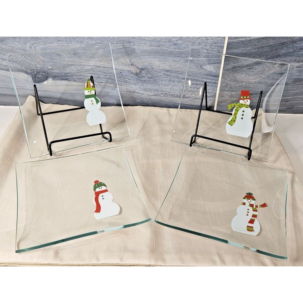 Pampered Chef Lot of 4 Christmas Snowman Appetizer Dessert Square Glass Plates